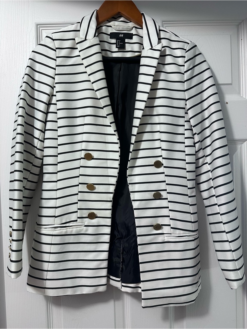 H&M White and Black Striped Double-Breasted Blazer with Gold Buttons